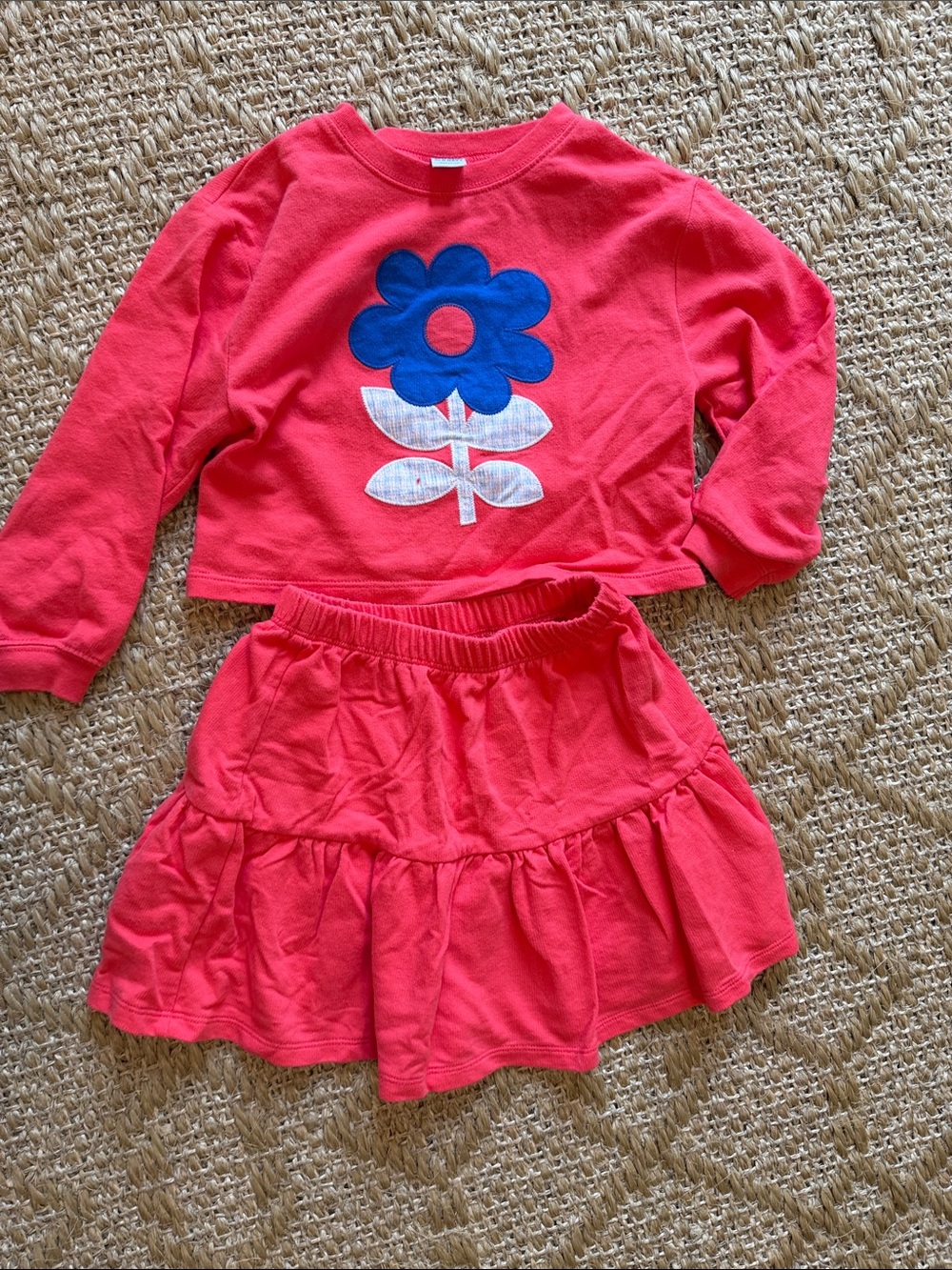 Old Navy Girls Coral Pink Top & Skirt Set with Blue Flower